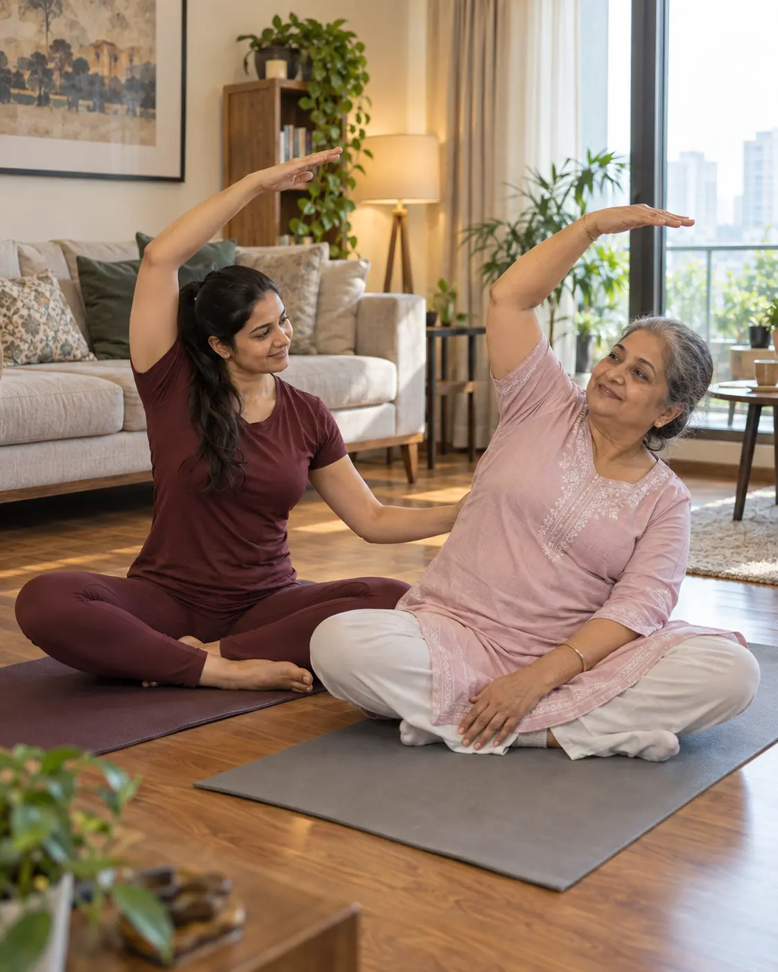 Certified yoga instructor guiding a client at home